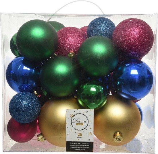 26x Kunststof kerstballen mix gekleurd 6, 8, 10 cm - Kerstversiering/kerstdecoratie