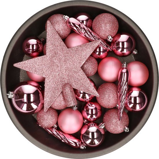 Decoris kerstballen set - 34-dlg - lippenstift roze - incl. piek - kunststof - kerstversiering