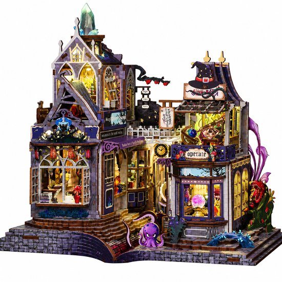 Premium Miniatuur XXL bouwpakket (Extra groot) - DIY Houten 3D Puzzel Magic House met 5 LED Verlichtingen – Book Nook Boekensteun Miniatuur Bouwpakket – Mysterieuze kasteel - Cadeau voor Volwassenen (15+)