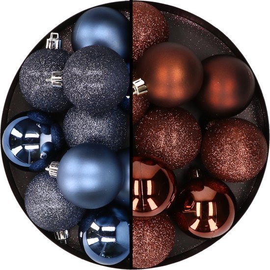24x stuks kunststof kerstballen mix van donkerblauw en donkerbruin 6 cm - Kerstversiering