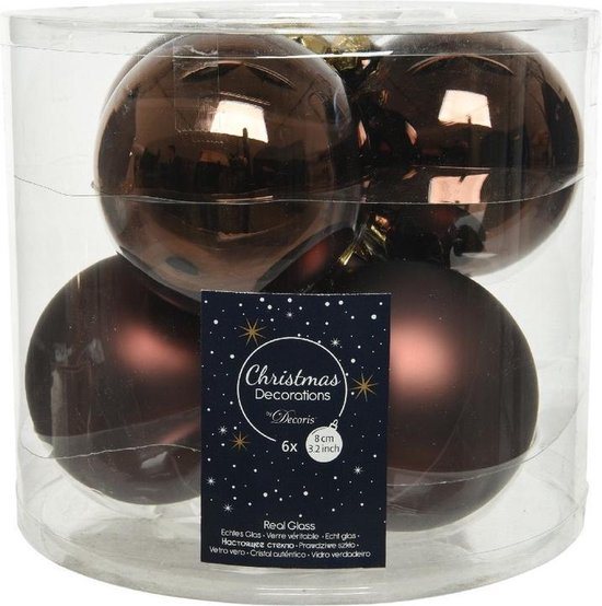 6x Donkerbruine glazen kerstballen 8 cm - glans en mat - Glans/glanzende - Kerstboomversiering donkerbruin