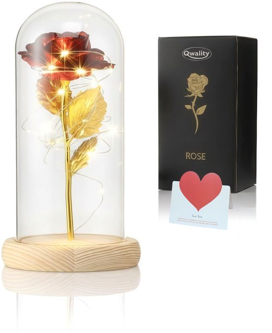 Luxe Roos in Glas met LED met Geschenk Kaartje – Gouden Roos in Glazen Stolp - Valentijns Cadeau - Valentijn - Moederdag - Bekend van Beauty and the Beast - Cadeau voor vriendin moeder haar - Lichte Voet - Qwality