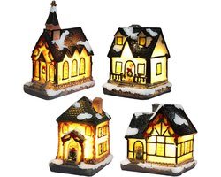 Kerstdorp Verlicht – Mini Kersthuisjes Set Van 4 – Kleurrijke Figurendecoratie Met Warm Licht – Winterse Miniaturen Voor Binnen Decoratie