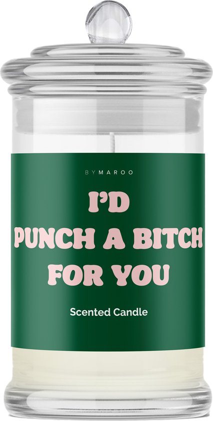 Vriendschap Cadeau voor Man & Vrouw - By Maroo Geurkaars met Tekst Cotton in Glas - I'D Punch a Bitch - Geschenkset vrouwen, vriendin, mama, moeder, zus, oma - Cadeautje voor Haar Volwassenen