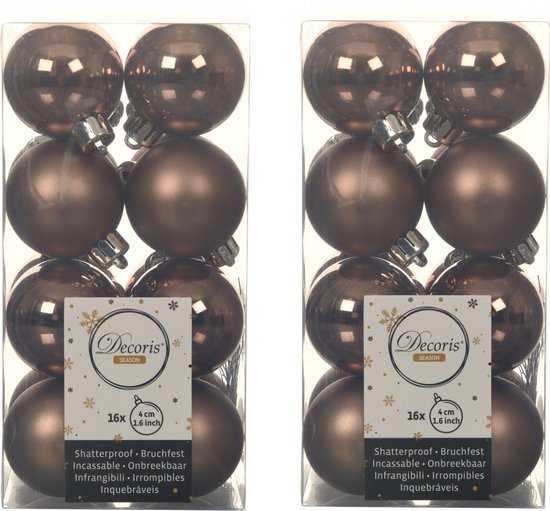 Decoris kleine kerstballen - 32x st - walnoot bruin - 4 cm - kunststof - kerstversiering
