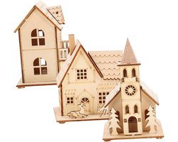 LED Kersthuis - Verlichte Houten Huisjes - 3 Stuks Kerst Village Huizen - Winterdorp Kerststad met Lichten - Miniatuur Huisdecoratie - Xmas Decoratief Object