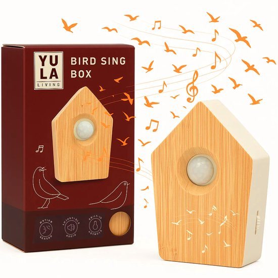 YULA Living Vogelgeluiden Huisje met Sensor voor op Toilet - Aanpasbaar Volume - WC - Bewegingsmelder - 8,6 x 3,5 x 12,5 cm - 90 g - Kastje - Bird Box - Bruin