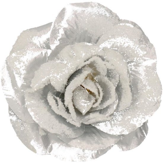 Zilveren roos kerstversiering clip decoratie 12 cm