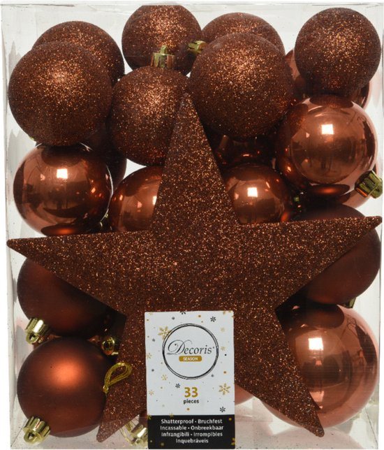 33x stuks kunststof kerstballen terra bruin inclusief ster piek - 5-6-8 cm - Onbreekbare plastic kerstballen