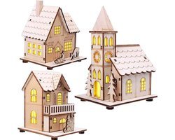 Kerstdorp Basis - LED Houten Kerstdorpjes - Miniatuur Kerstdorpjes met Lampjes - Tafeldecoratie voor Kerstmis - Kersthangers - Boomversieringen - Set van 3