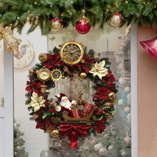 Vintage Kerstkrans met Kerstman - Goud/Rood + Stoomlocomotief Stijl - Kerstboom Versiering / Muurhangdecoratie / Feest Kerst Ornament / Winter Festieve Krans - Ideaal voor Thuis, Woonkamer & Luxe Kerstsfeer