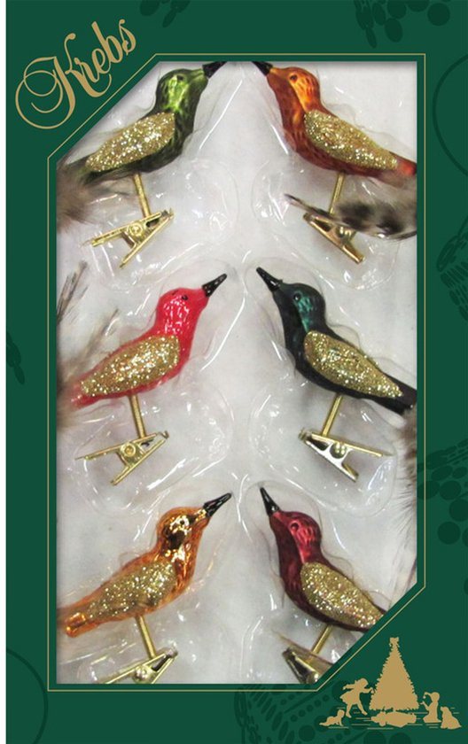 Krebs Kerst vogels - 6x stuks - op clip - gekleurd - 9 cm - glass - Decoratievogeltjes - Kerstboomversiering