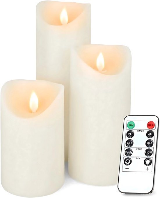 O'DADDY® LED Kaarsen - Led kaarsen met bewegende vlam - led kaarsen met afstandbediening - led kaars - led kaarsen met timer - led kaarsen met flikkerende vlam - met timer en dim functie - Warm Wit Licht - Crème - set van 3 maten 12.5+18+22 - 8d