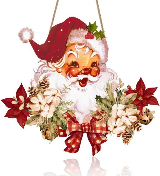 Kerst versiering - Welkomstbord van de Kerstman in vintage stijl - Houten hangend bord voor voordeur - kerstdecoratie voor aan de muur voor binnen en buiten - kerstfeestbenodigdheden