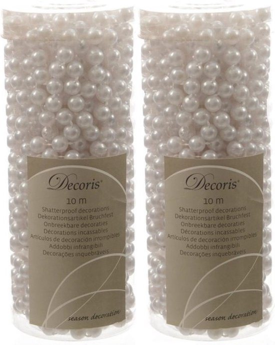 Decoris Kralenslinger - 2x - wit - 10 meter - kunststof - glans - kerstslinger - kerstboom versiering