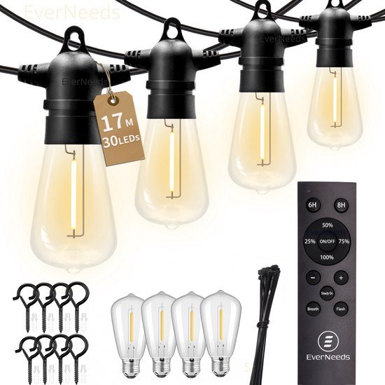 EverNeeds ST38 Lichtsnoer Buiten – Prikkabel 17m – 30 LED – IP65 – Dimbaar met Afstandsbediening – Lichtslinger – Sfeerverlichting Buiten en Binnen – Warm Wit 2700K – 4 Extra LED’s