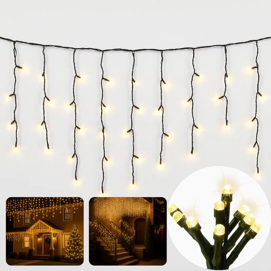 Cheqo® Ijspegel Verlichting - Lichtgordijn - Kerstverlichting Buiten - Kerstverlichting Binnen - 180 LED - Warm Wit - 6 Meter - 8 Lichtfuncties - IP44 Adapter - Geschikt Voor Buiten - Groen Snoer - 3 Meter Aansluitsnoer - LED Lampjes
