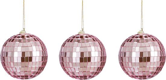 House of Seasons Discobal kerstballen - 3x st- roze - 8 cm - foam - spiegelbol