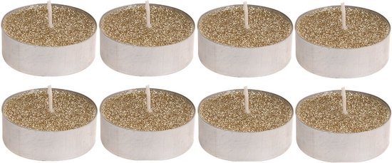 Waxinelichtjes - 32x st - goud glitter - 3,7 cm - theelichtjes - waxinekaarsjes - kersttafel kaarsen