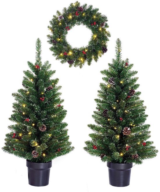 Black Box Trees Creston Kerstboom en Kerstkrans Set - 2 Kunstkerstbomen en 1 Krans met LED Verlichting - Groen
