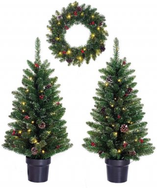 Black Box Trees Creston Kerstboom en Kerstkrans Set - 2 Kunstkerstbomen en 1 Krans met LED Verlichting - Groen