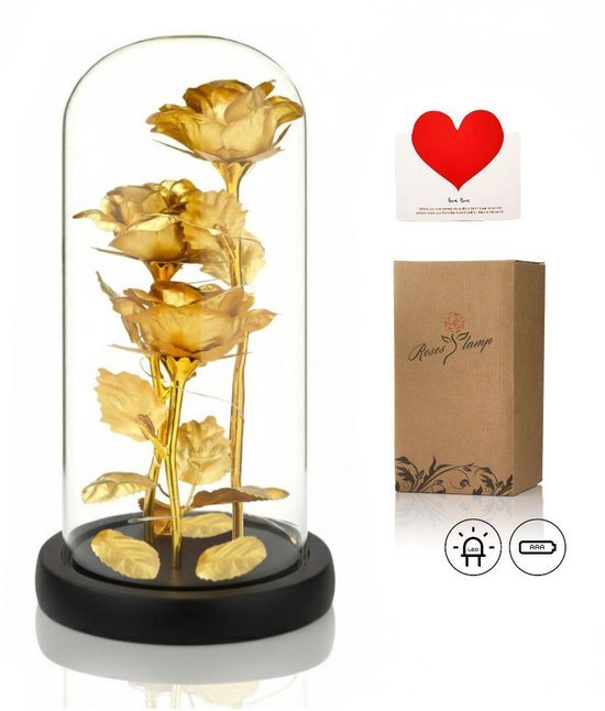 Luxe Roos in Glas met LED – 3x Gouden Roos in Glazen Stolp - Moederdag - Valentijn - Bekend van Beauty and the Beast - Cadeau voor vriendin moeder haar - Zwarte Voet - Qwality®
