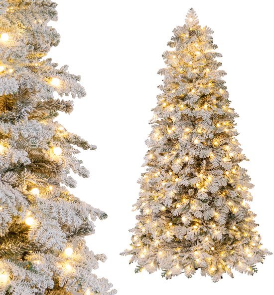 COSTWAY Kunstkerstboom van 210 cm met verlichting en sneeuw, dennenboom met 160 fonkelende ballen, warmwitte ledlampen, 8 lichtmodi en metalen standaard, kerstboom