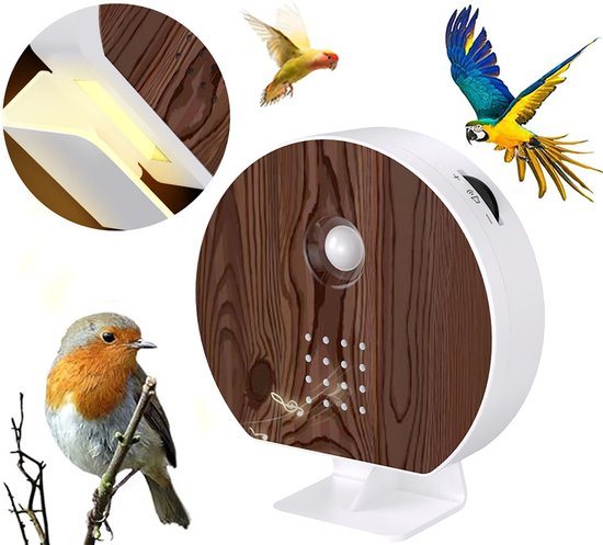 Vogelgeluiden Huisje - Vogelhuisje Met Geluid - 9 Natuurgeluiden - Met Bewegingsmelder - Aanpasbaar Volume - Timer - 10 x 12,5 x 3,5 cm - Vogelhuisje - Sensor - Lamp - Toilet, Badkamer, gang, kantoor - Geweldig Cadeau voor Vrouw & Man - Walnoot