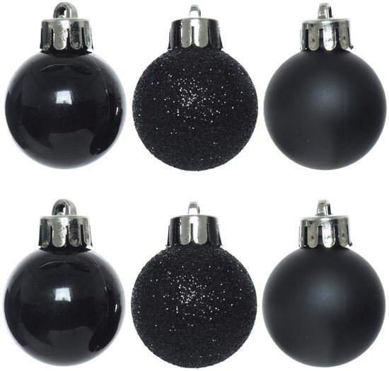 Decoris - Kerstballen - 3 cm - 14 stuks - Kunststof - Zwart - glans/mat/glitter