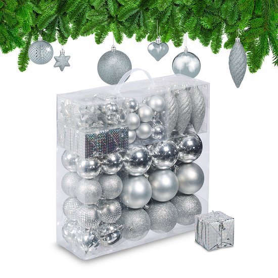kerstballen - set van 110 - met slinger - plastic - onbreekbaar - zilver