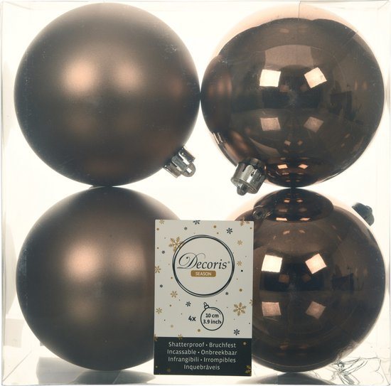 Decoris Kerstballen - 4 stuks - kunststof - walnoot bruin - 10 cm