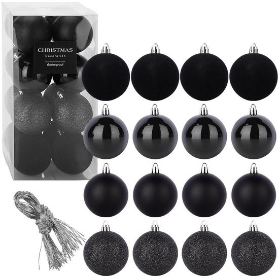 Kerstballen Set Onbreekbaar Zwart 8 cm 16 stuks - Kerstdecoratie