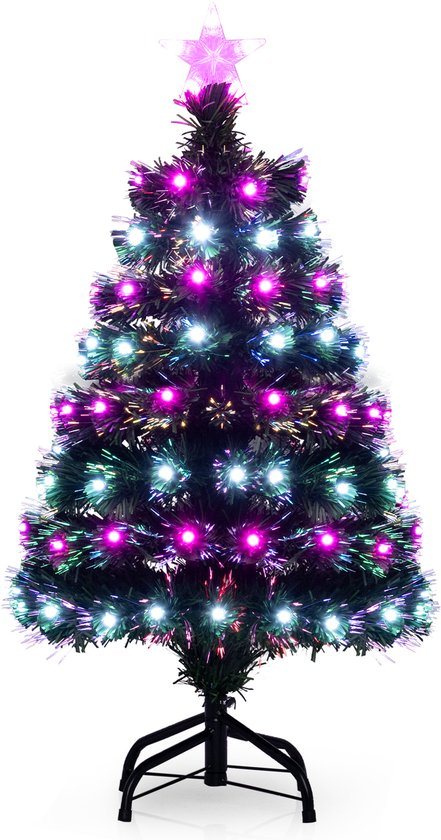 COSTWAY 90 cm kunstkerstboom met verlichting, dennenboom met veelkleurige glasvezels, 96 paarse en witte leds, 8 modi, 96 pvc-takken en ster bovenaan, kunstboom