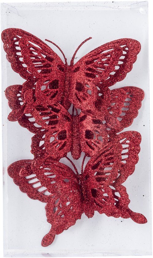 Kerstboomversiering Vlinder - 3x stuks - 14 cm - rood glitter - op clip