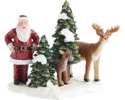 LuVille Kerstdorp Miniatuur Kerstman met Herten - L9 x B8 x H9 cm