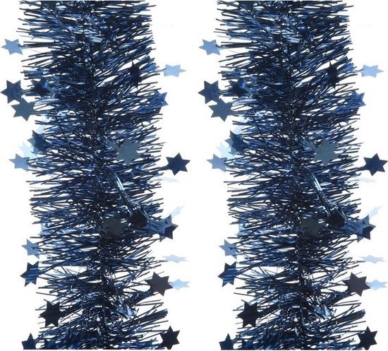 Decoris Kerstslinger - 2x - sterren - donkerblauw - 270 x 10 cm - lametta/folie - kerstboomslinger