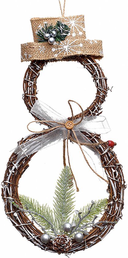 Kerstkrans - Sneeuwpop - Rotan - 19 x 3 x 35 cm
