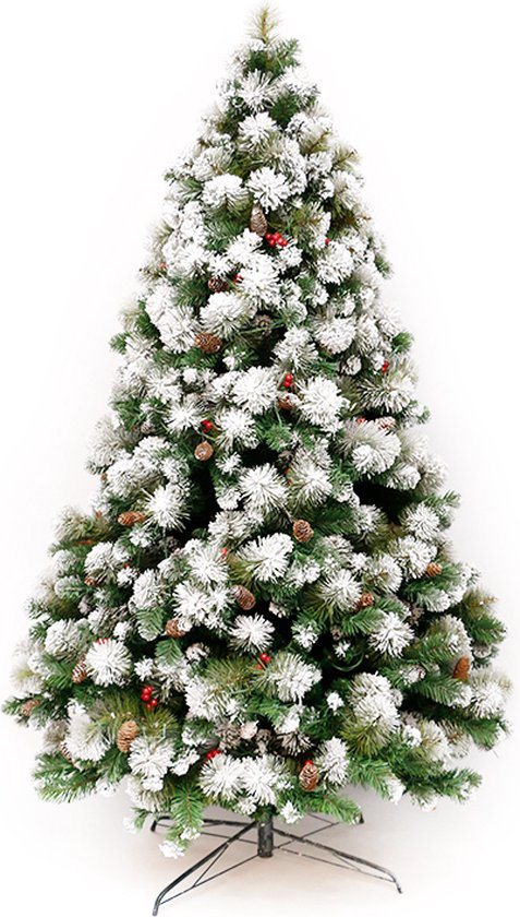 Premfy Deluxe Kunstkerstboom 180 cm Snowy - Met sneeuw en Echte Dennenappels - Mooi volle Kerstboom - 1200 PVC & PE Takken - Mooi Versierd - Rode besjes - Decoratie - Premium - 5 Jaar garantie - Hoge Kwaliteit - Paraplusysteem - Easy Setup