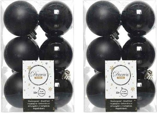 Decoris kerstballen - 24x st - zwart - D6 cm - kunststof - mat/glans - kerstversiering