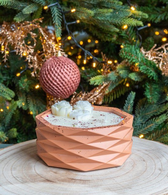 Octagon Kaarsenhouder - Vintage Roze - Handgemaakt van Duurzaam Jesmonite met Sojawaskaars, Glittereffect en Decoratieve Bloempjes – Luxe en Milieuvriendelijke Decoratie voor Huis, Cadeau, Kerst, Oudjaar, Nieuwjaar, Verjaardagen of Housewarming