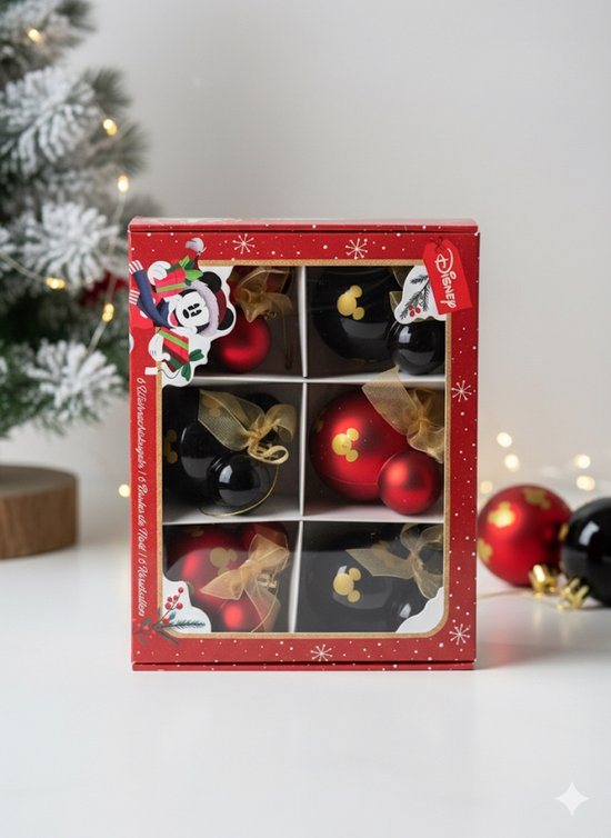 Disney Mickey Mouse Kerstballen Set – 6 Stuks – Rood & Zwart met Gouden Details – Officiële Disney Kerstdecoratie