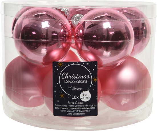 Decoris Kerstballen set - 10x stuks - glas - lippenstift roze - 6 cm - glans/mat - kerstversiering
