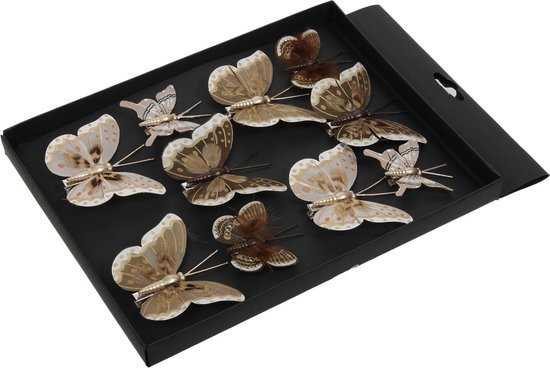 Othmar Decorations vlinders op clip - 10x- creme/bruin- 5-8 cm - kunststof