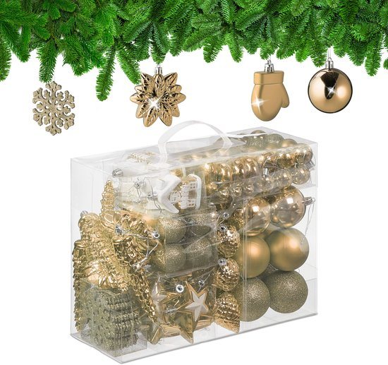 Kerstballen set van 100 - plastic - mat - glanzend - glitters - 10 designs - champagne