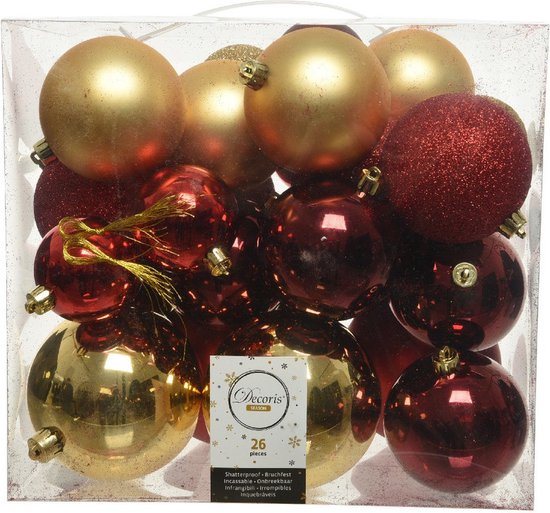 Decoris Kerstballen - 26x st - goud/rood - 6-8-10 cm - kunststof - kerstversiering