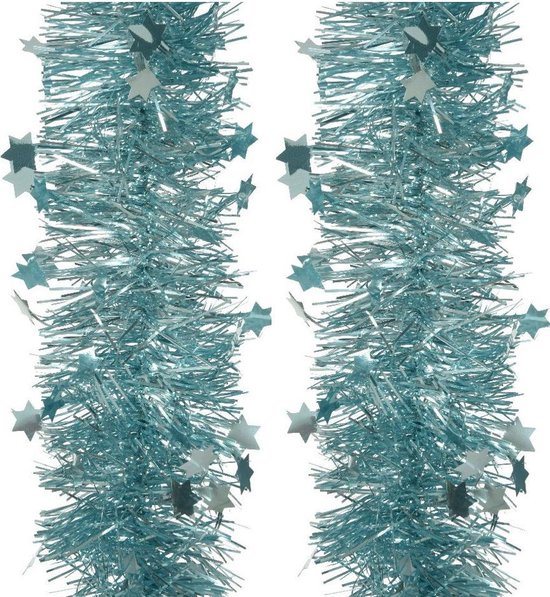 2x stuks lametta/folie sterren slingers ijsblauw (blue dawn) 10 cm x 270 cm - kerstslingers/kerst guirlandes