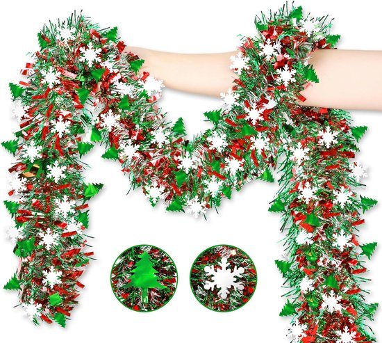 50 Voet Kerst Tinsel Guirlande Met Sneeuwvlokken Rood Groen en Zilver Glanzend Metaalachtige Twist Versiering voor Kerstboom Trap en Huis Binnen en Buiten Feestdecoratie