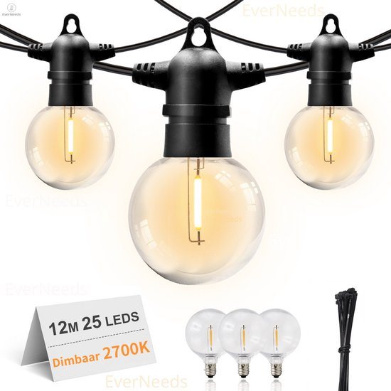 EverNeeds G50 Lichtsnoer Voor Buiten - 12 Meter - 25 LED - IP65 Waterdicht - Met Dimfunctie - Lichtslinger - Sfeerverlichting - Buiten en Binnen - Prikkabel - Tuinverlichting - Lampjes Slinger - 2700K - 3 Extra Leds