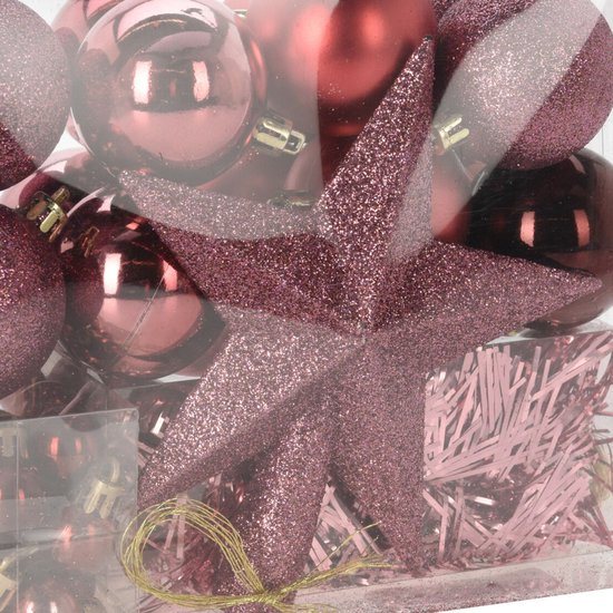 Christmas Decorations kerstballen set - 54-delig - roze - met ster piek - kunststof - voor kleine kerstboom tot 125 cm
