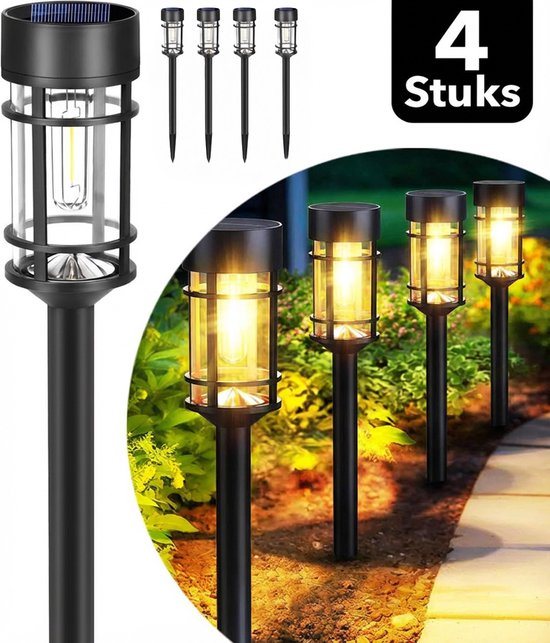 Webzon Solar Tuinverlichting Set van 4 (7x46 cm) - Solar Priklamp op Zonne-energie - Filament LED Warm Wit - 8–10 uur gebruikstijd - Buitenlamp / Tuinlamp / Padverlichting - Lantaarn voor buiten - IP65 Waterdicht - Zwart